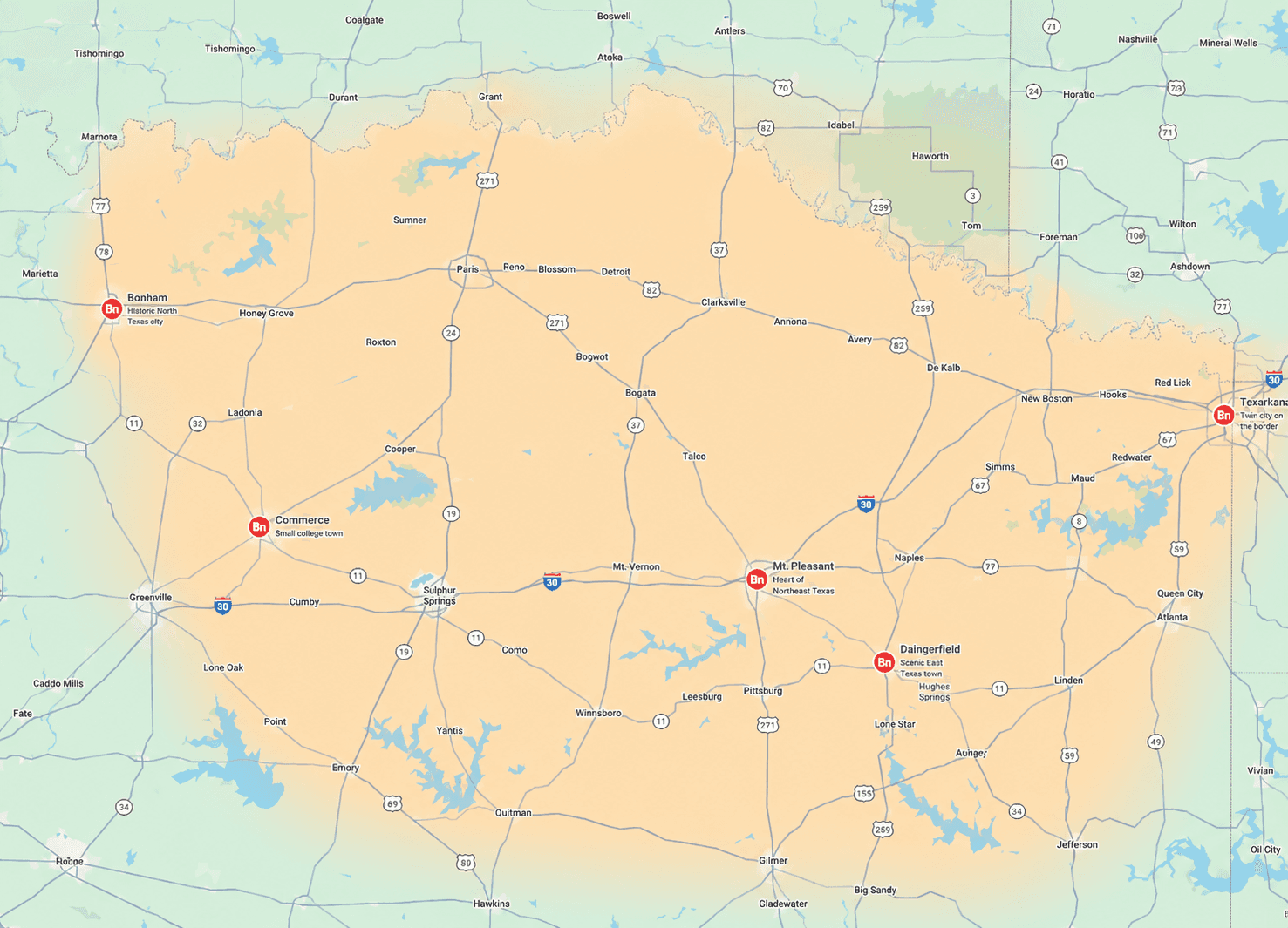 Map preview of the 903 Bed Bugs Northeast Texas service area